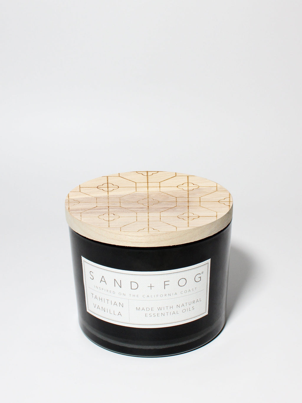 Tahitian Vanilla 12 oz scented candle Black vessel with Carved geometric lid