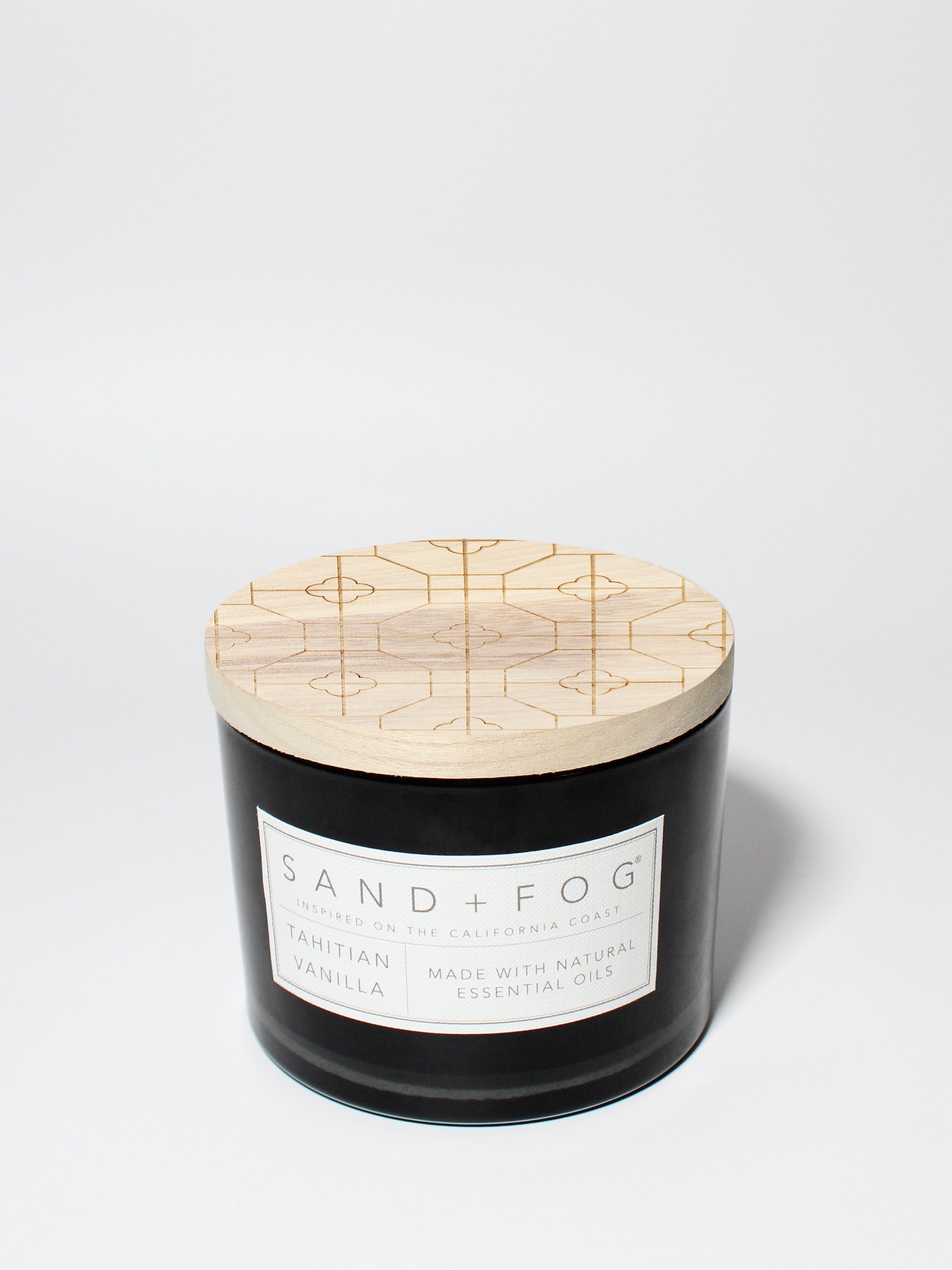 Tahitian Vanilla 12 oz scented candle Black vessel with Carved geometric lid