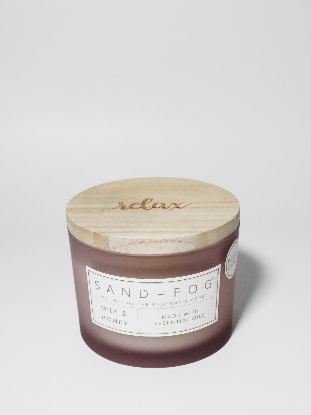 Milk & Honey 12 oz scented candle Medium Lilac vessel with Relax carved lid
