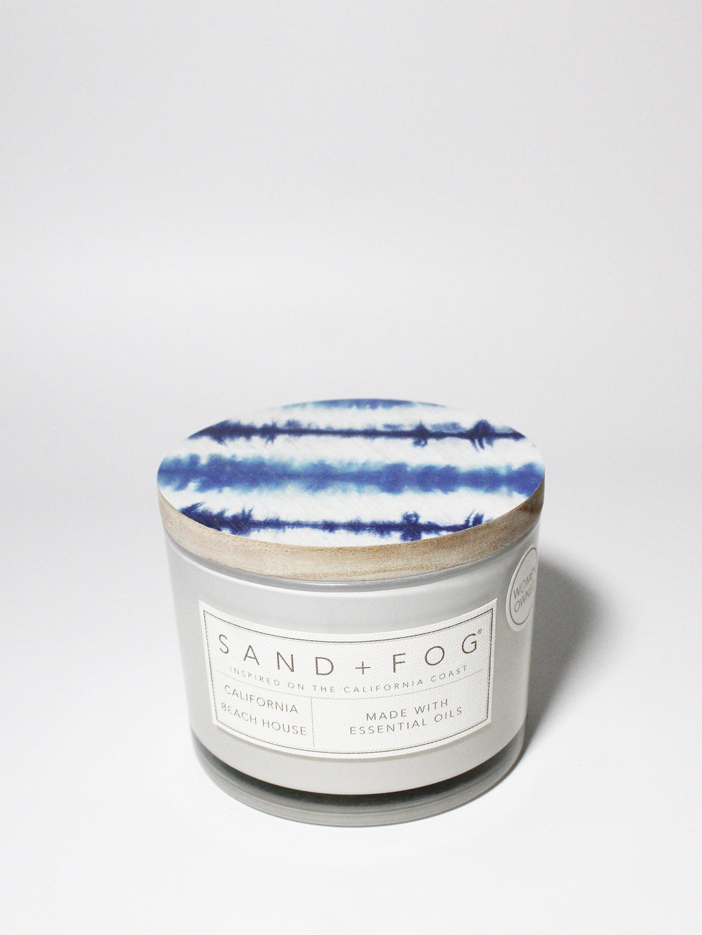 California Beach House 12 oz scented candle White vessel with Blue tye dye stripes lid