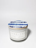 California Beach House 12 oz scented candle White vessel with Blue tye dye stripes lid