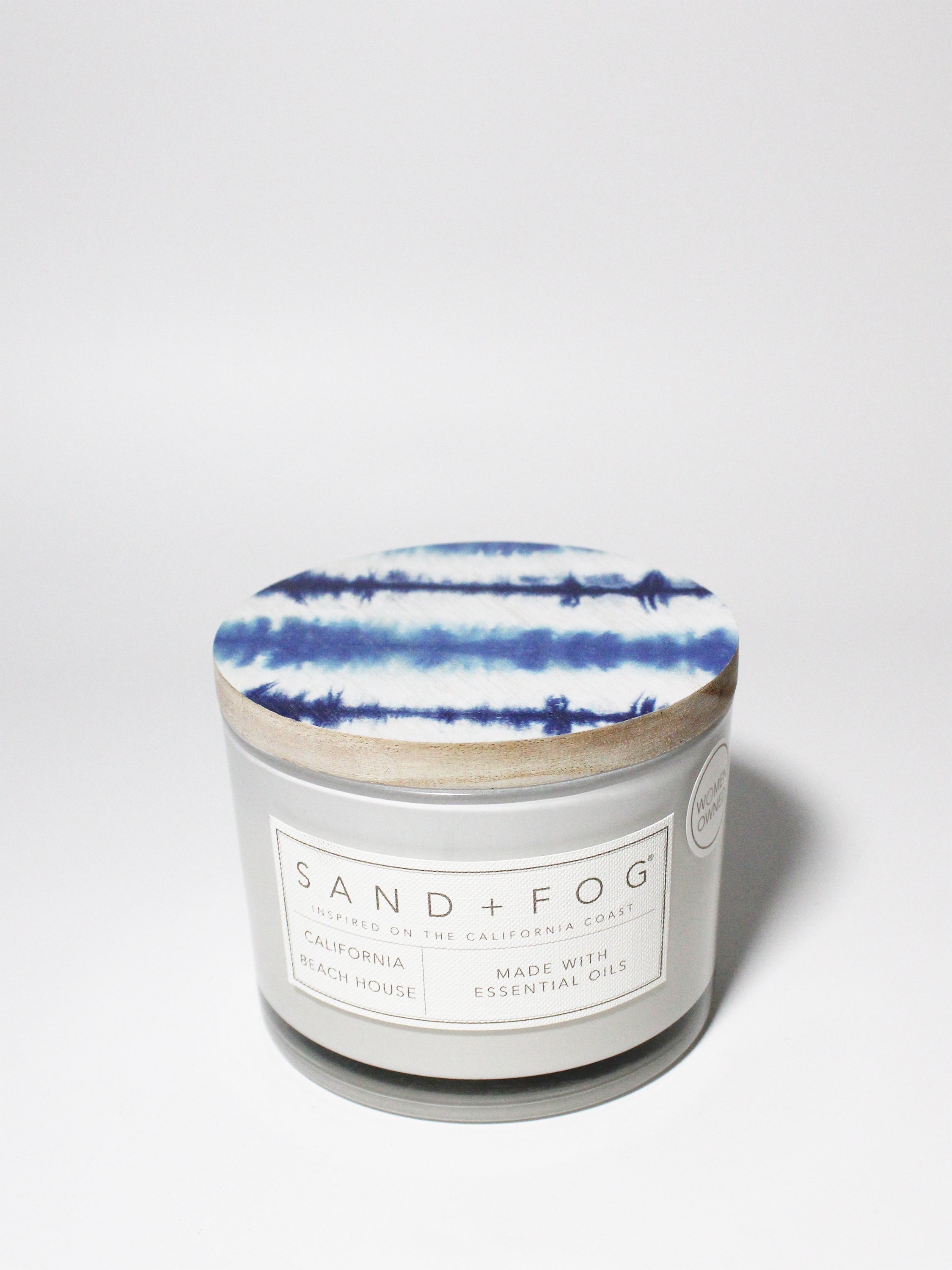 California Beach House 12 oz scented candle White vessel with Blue tye dye stripes lid