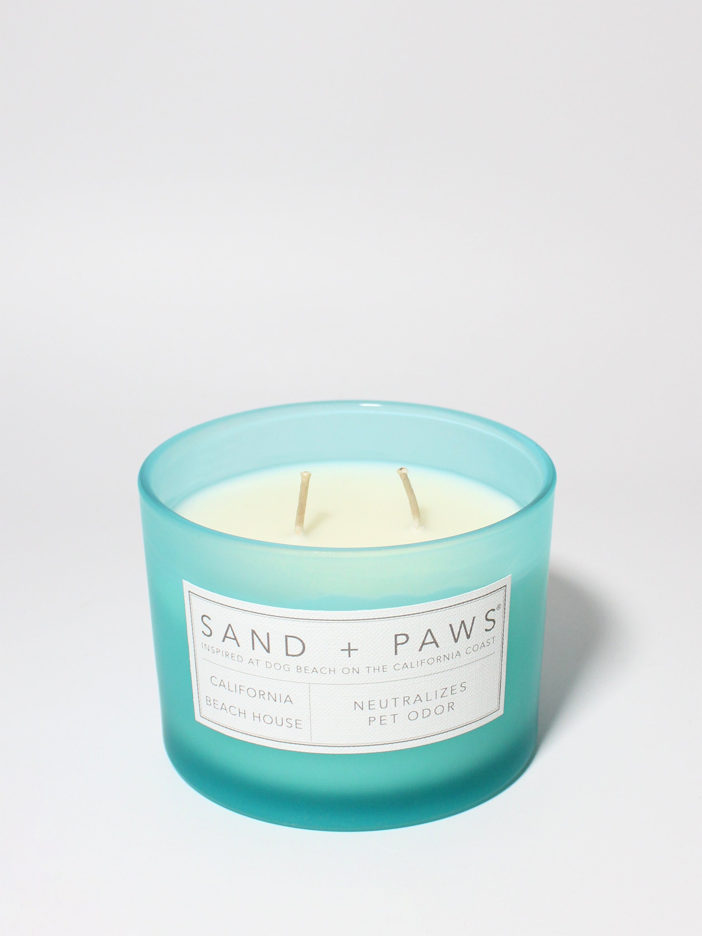 Sand + Paws California Beach House 12 oz scented candle Coast vessel with Painted Colorful Paw Prints in Heart Shape lid
