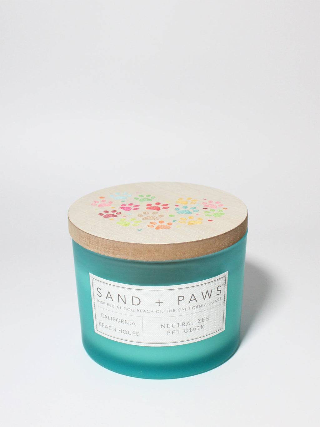 Sand + Paws California Beach House 12 oz scented candle Coast vessel with Painted Colorful Paw Prints in Heart Shape lid