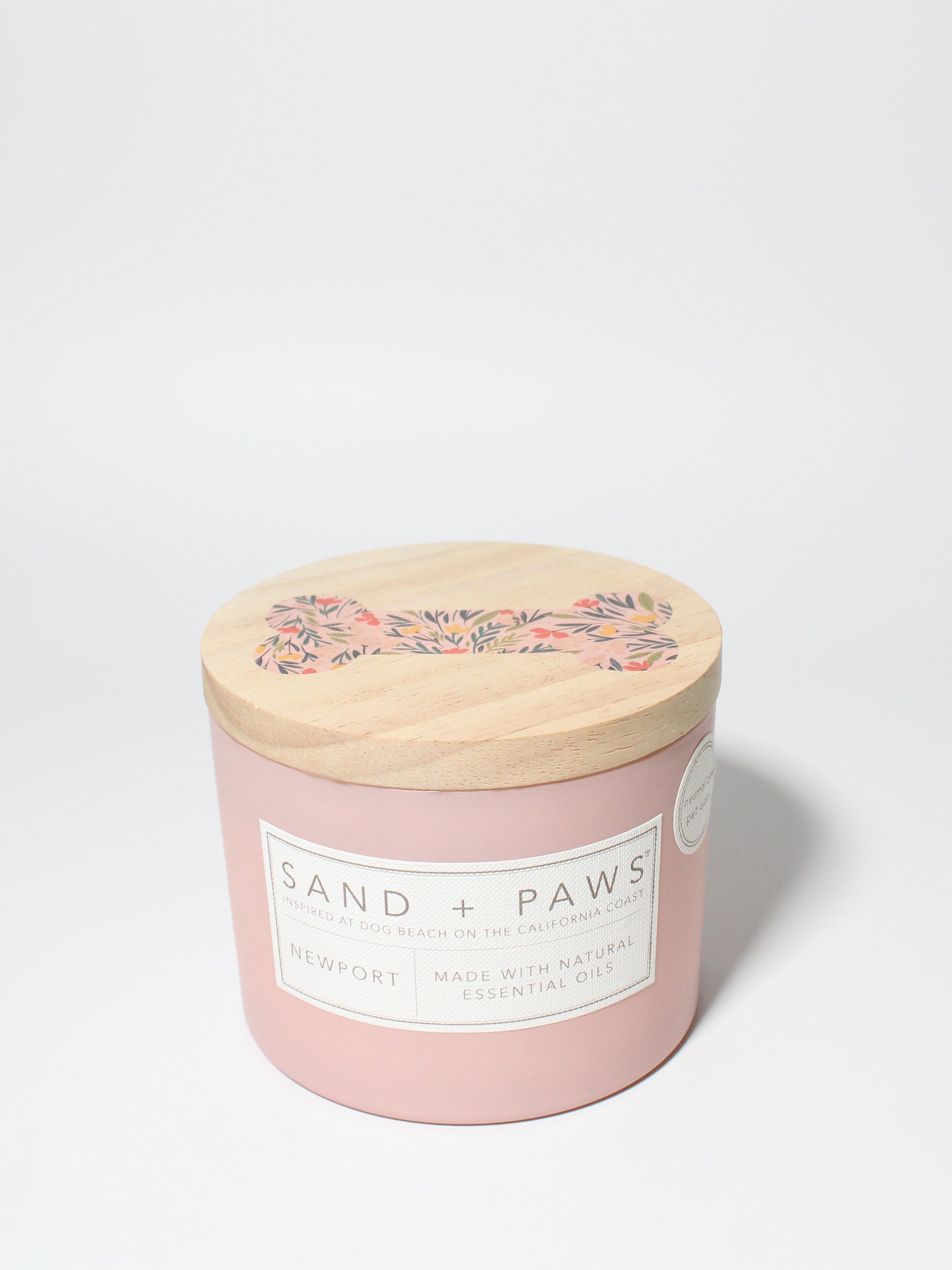 Sand + Paws Newport 12 oz scented candle Peony vessel with Painted Dog Bone lid