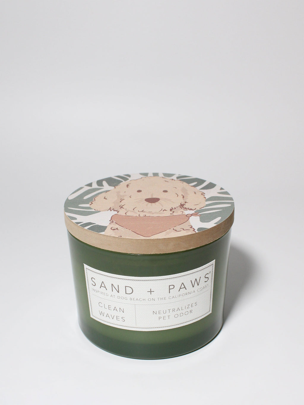Sand + Paws Clean Waves 12 oz scented candle Kale vessel with Golden Doodle painted lid