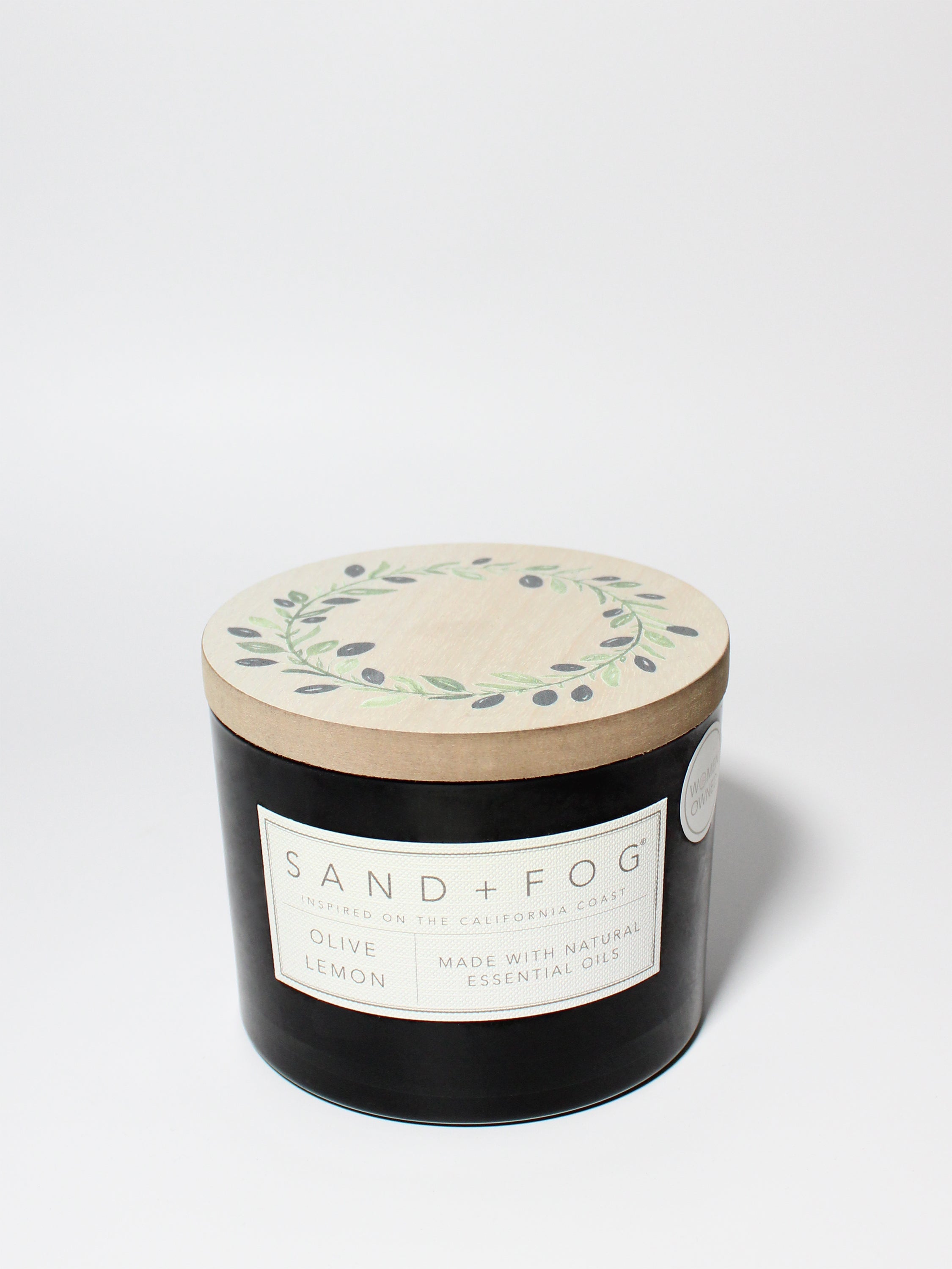 Olive Lemon 12 oz scented candle Black vessel with Olive Wreath lid