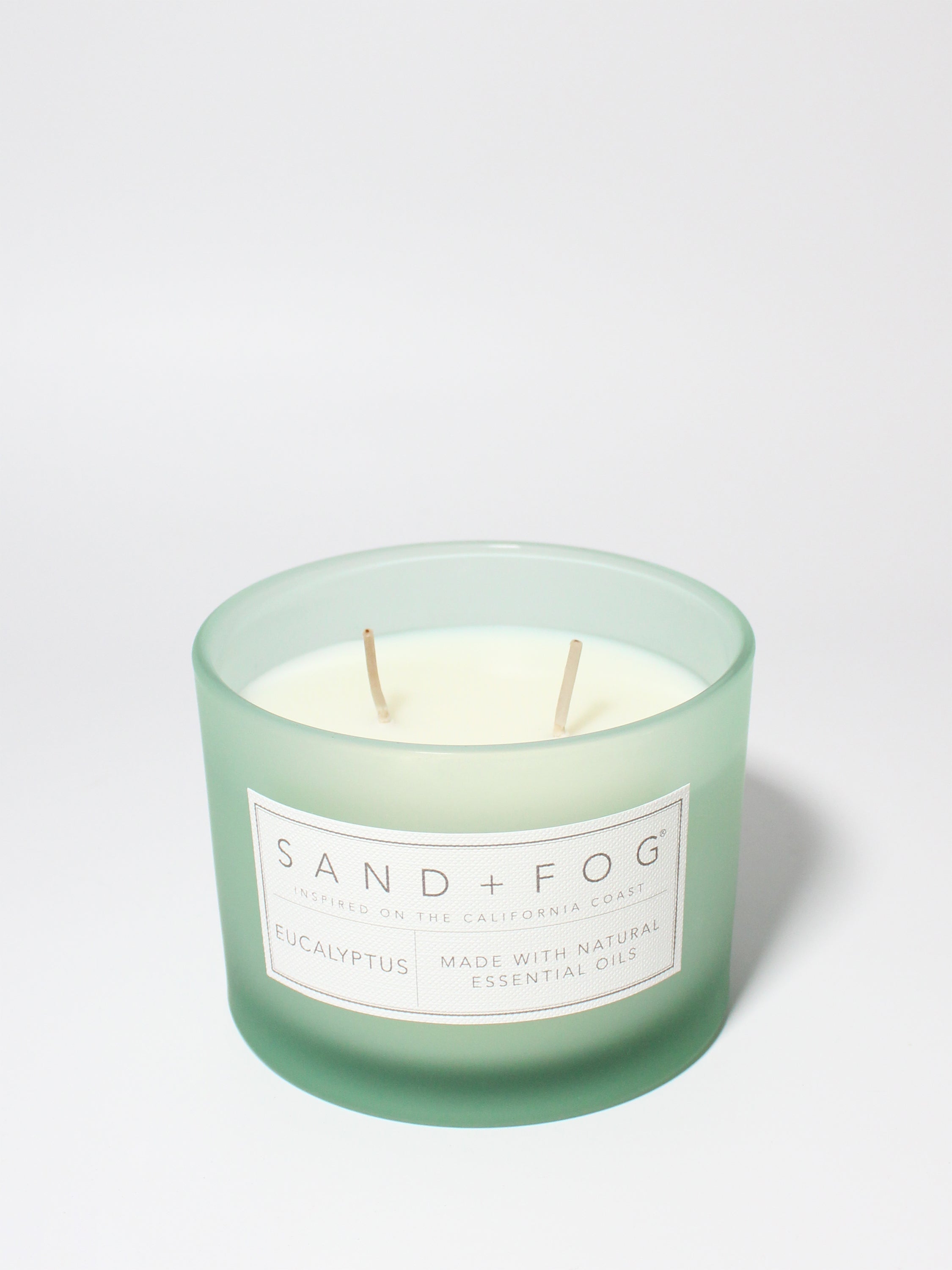 Eucalyptus 12 oz scented candle Sea Foam vessel with breathe relax unwind lid