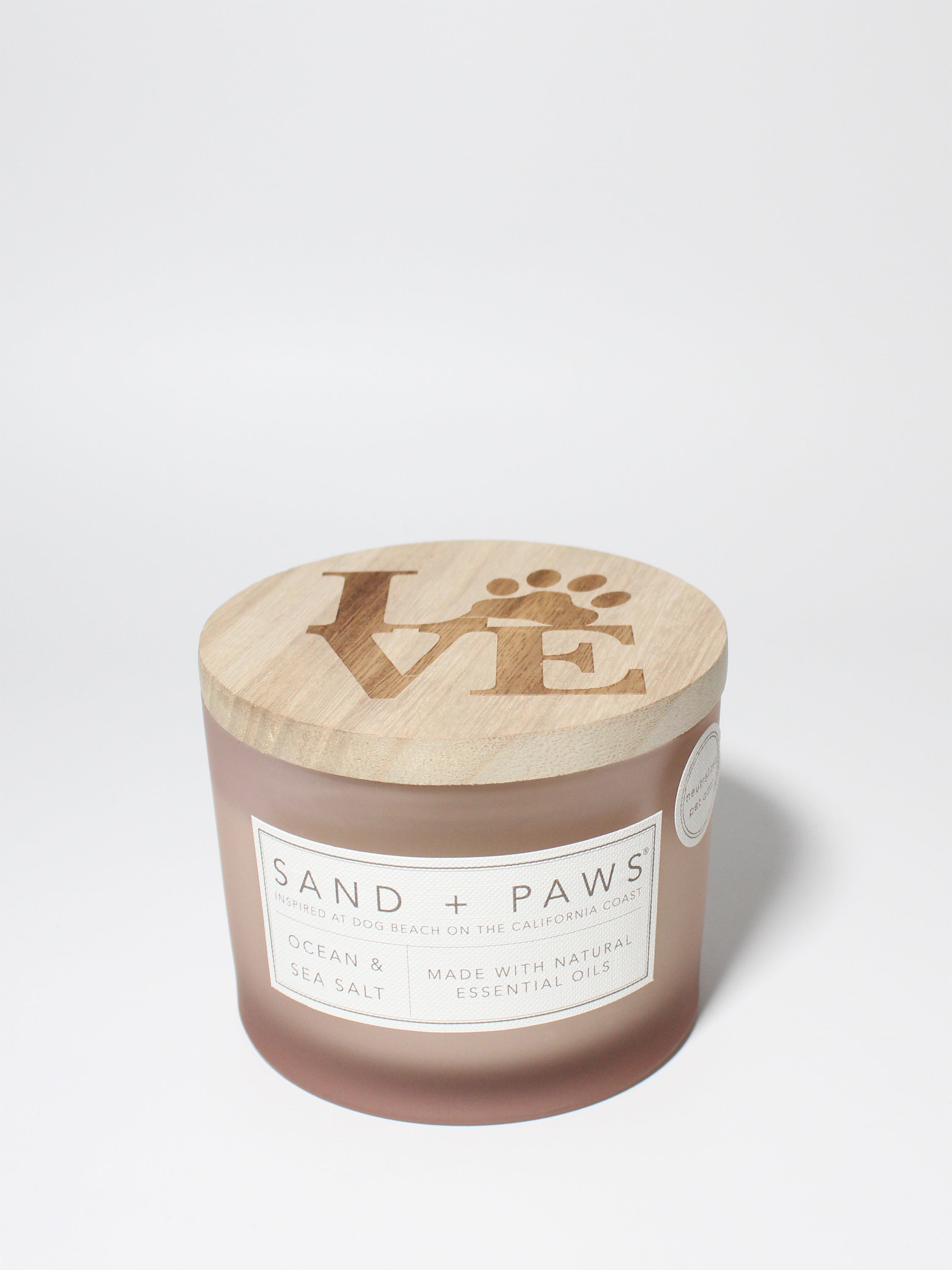 Sand + Paws Ocean & Sea Salt 12 oz scented candle White Vessel with Carved LOVE Lid