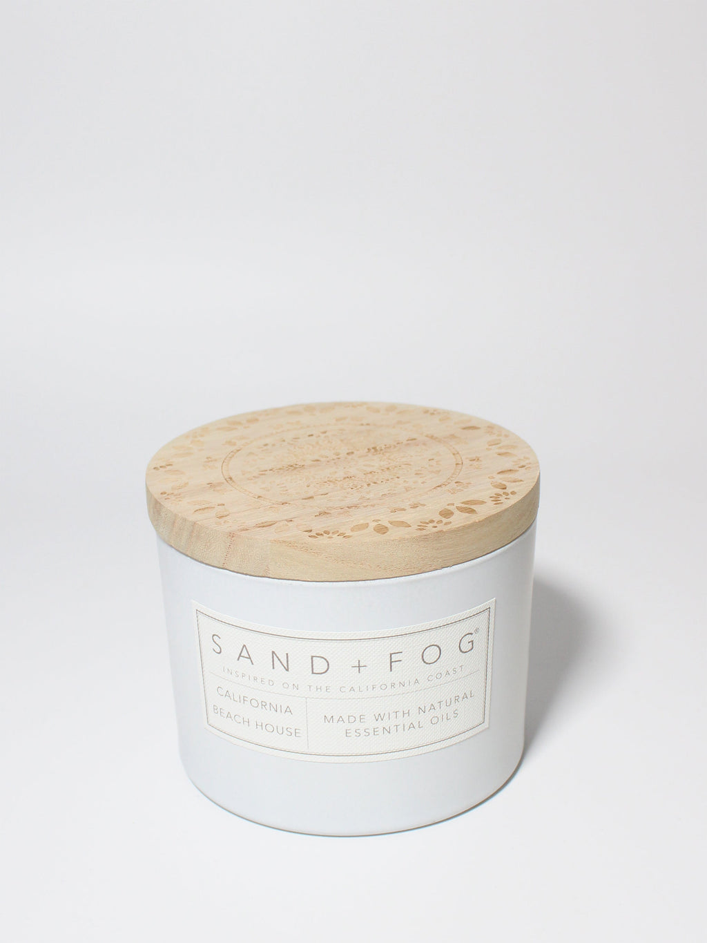 California Beach House 12 oz scented candle White vessel with Carved Mandala lid