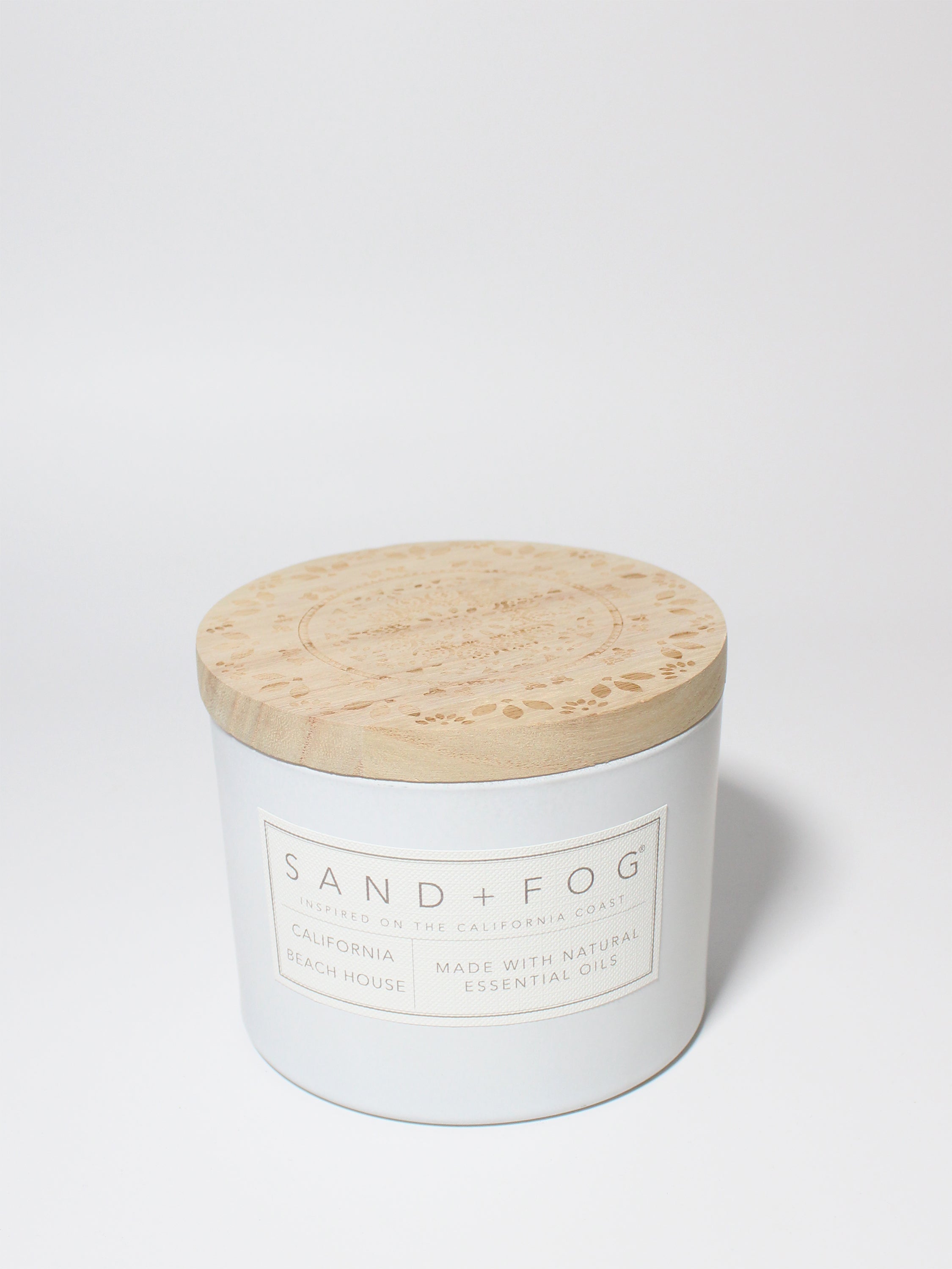 California Beach House 12 oz scented candle White vessel with Carved Mandala lid