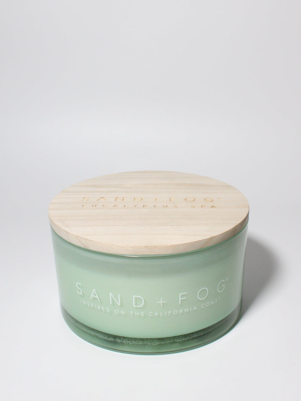 Eucalyptus Spa 23 oz scented candle Seafoam vessel with Sand+Fog wood lid