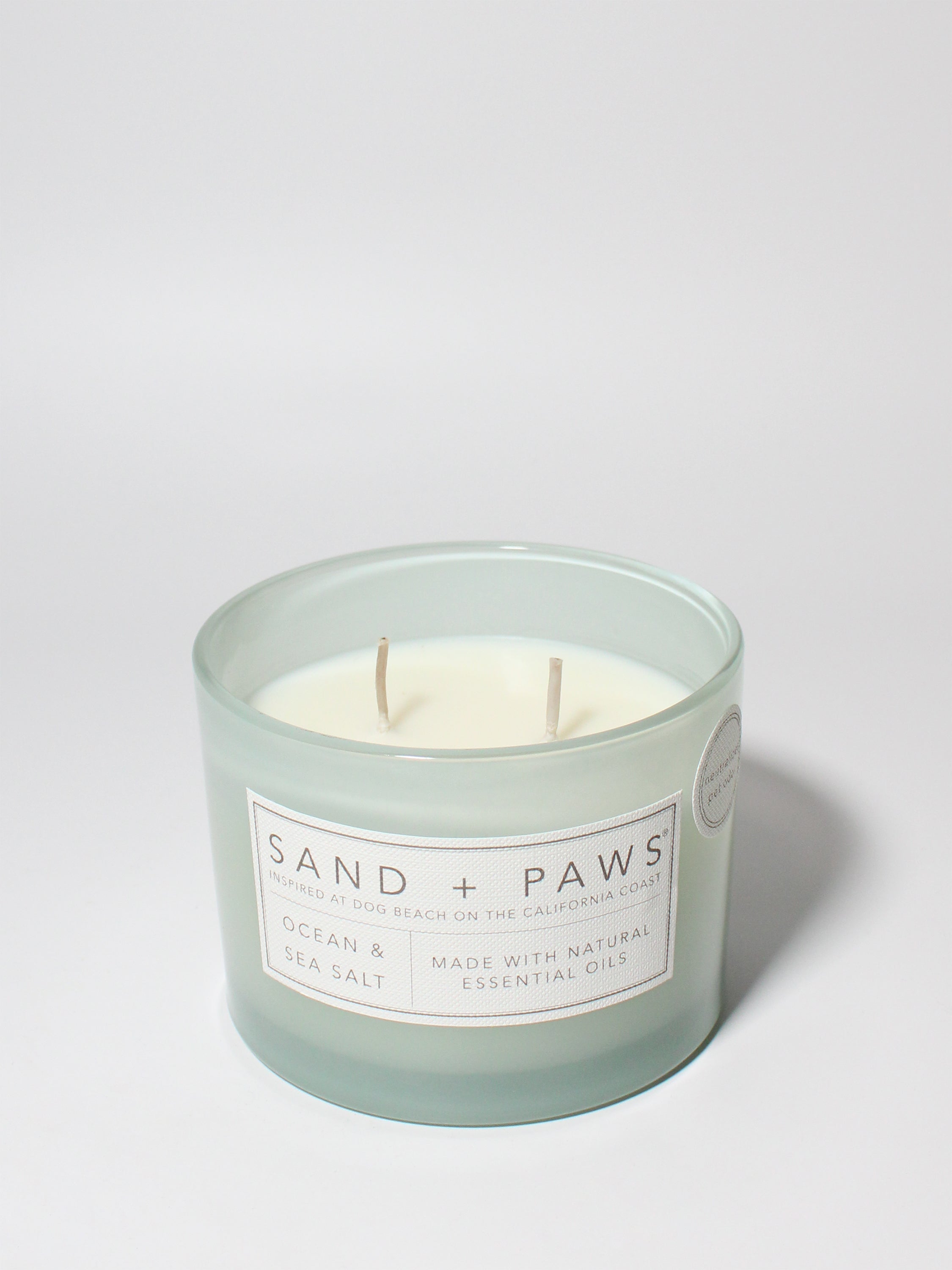 Sand + Paws Ocean & Sea Salt 12 oz scented candle Seaglass vessel with Carved Paws and Bones lid