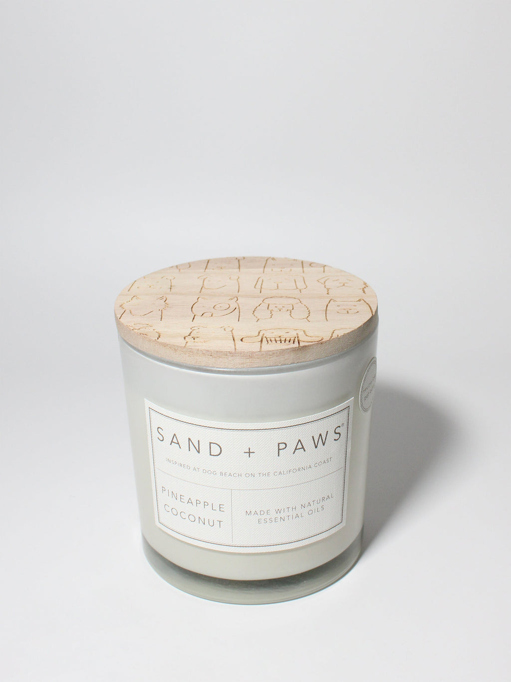 Sand + Paws Pineapple Coconut 21 oz scented candle White vessel with Multi-Breed carved wood lid