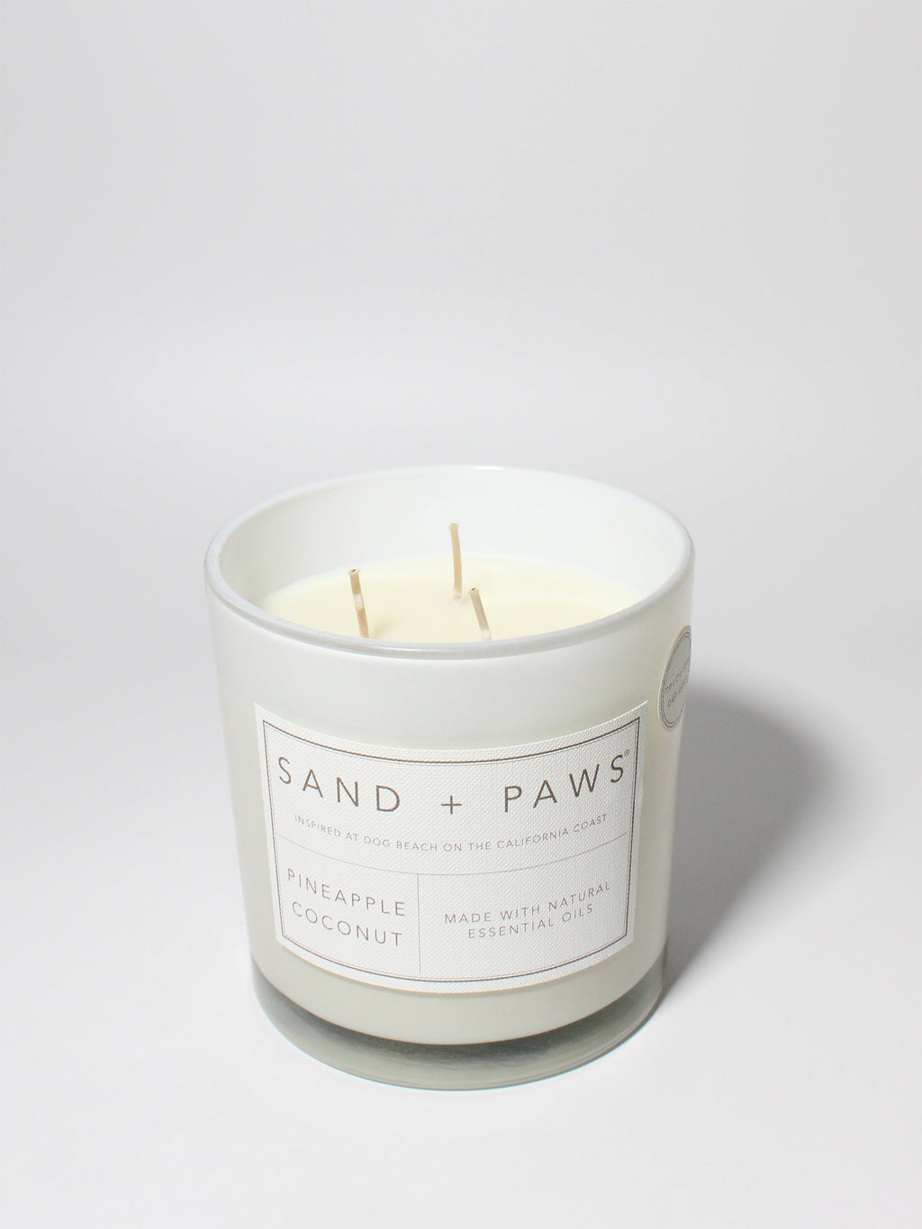 Sand + Paws Pineapple Coconut 21 oz scented candle White vessel with Multi-Breed carved wood lid