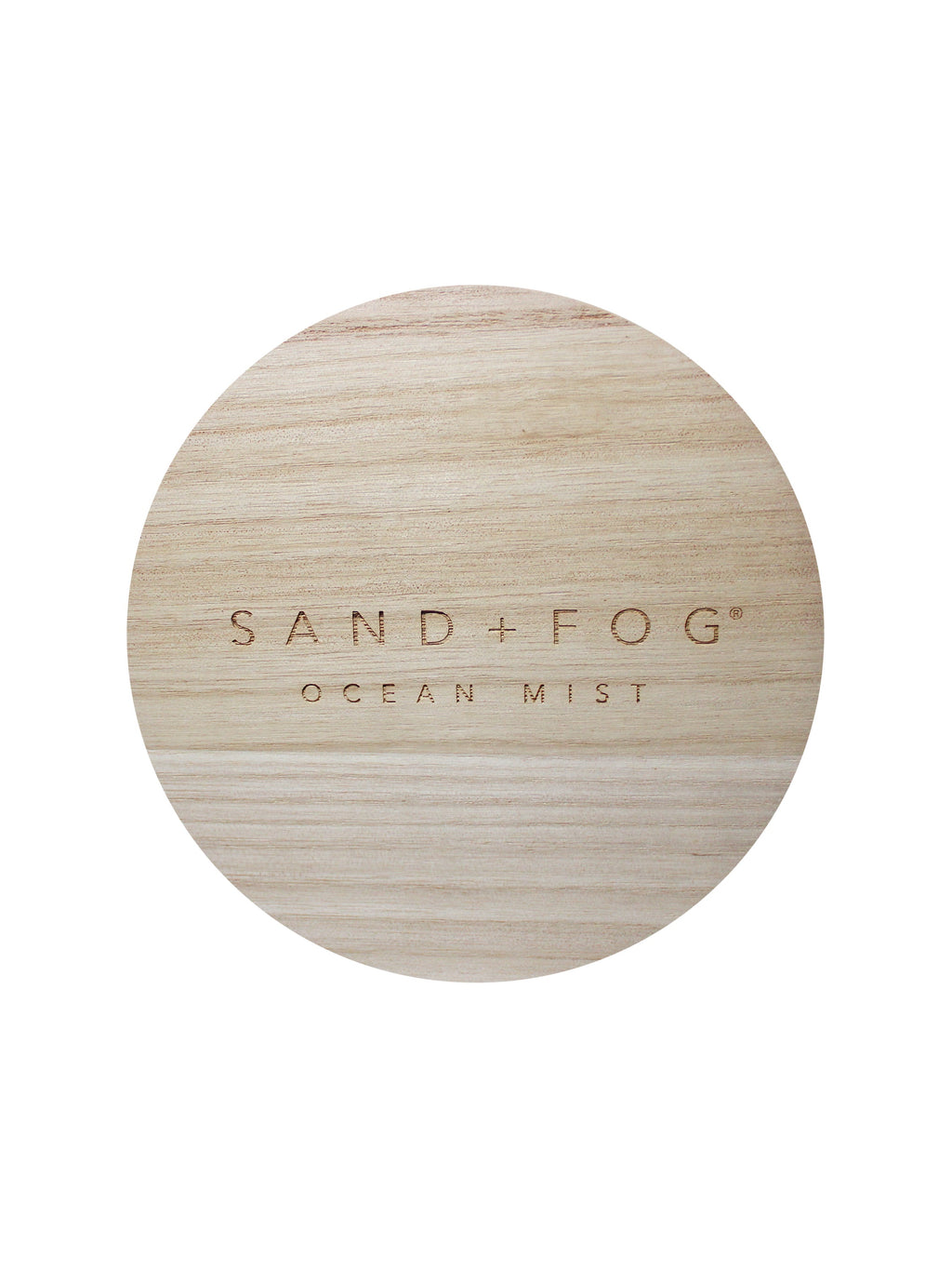 Wood lid with "Sand + Fog Ocean Mist" carved